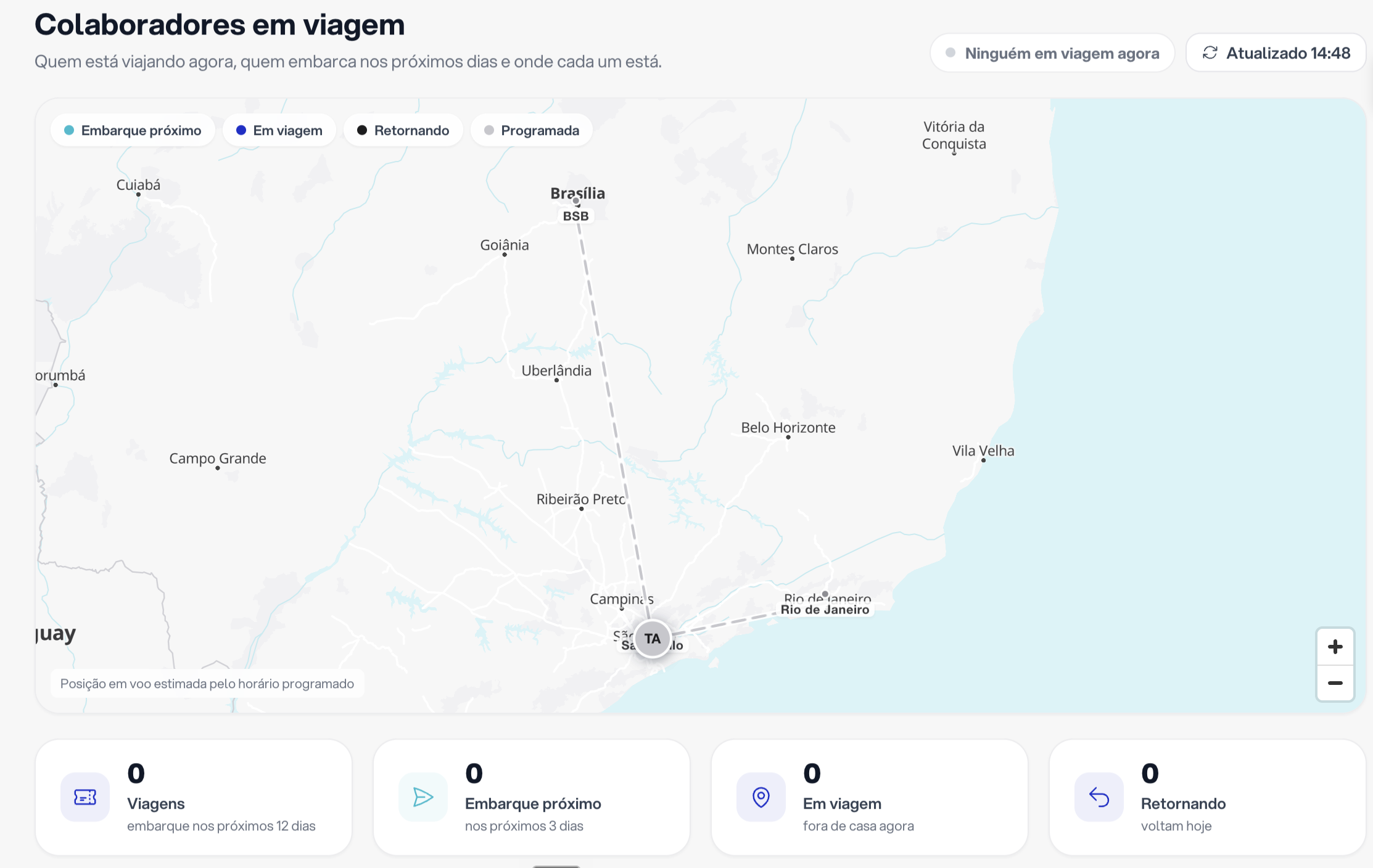 Mapa de colaboradores em viagem, com embarque próximo e retorno