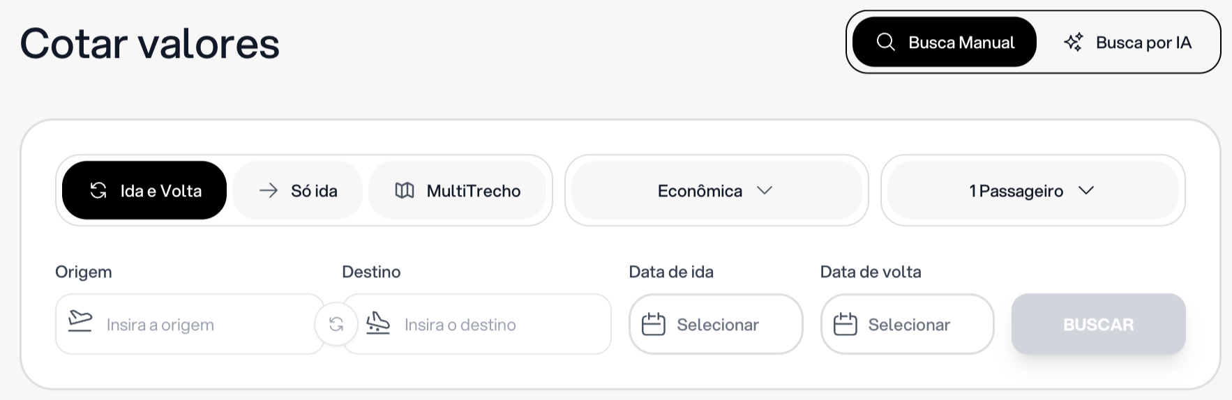 Tela de cotação de valores com busca manual ou por IA, origem, destino e datas