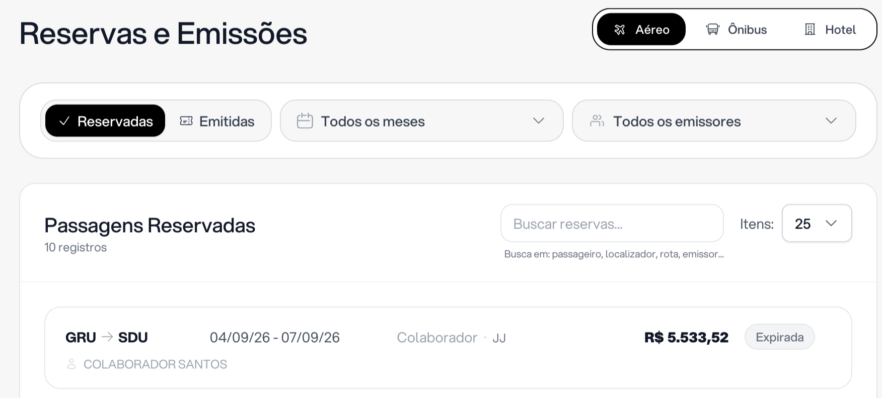 Histórico de reservas e emissões de passagens aéreas